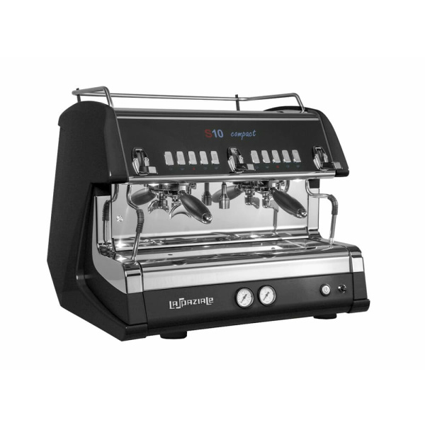 La Spaziale S10 Spazio Compact 2-group traditional espresso machine in black with stainless steel finish – professional commercial coffee maker featuring dual group heads, pressure gauges, and programmable controls.