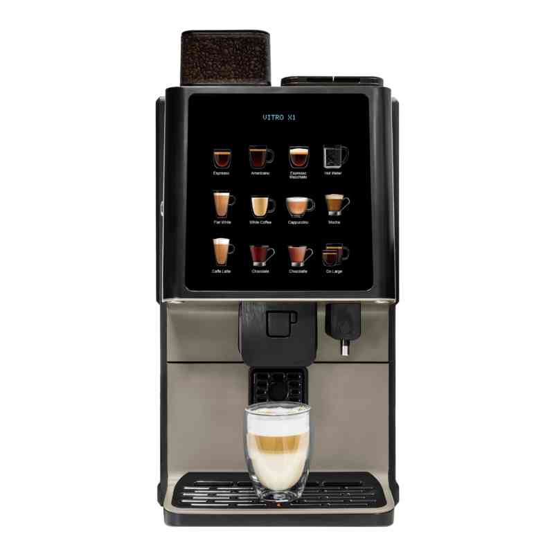 Front view of Azkoyen Coffetek Vitro X1 coffee machine with a touchscreen displaying various coffee options like espresso and cappuccino