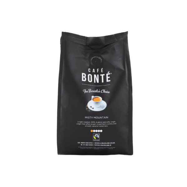 Front of Café Bonté Misty Mountain coffee bag featuring logo and espresso cup graphic