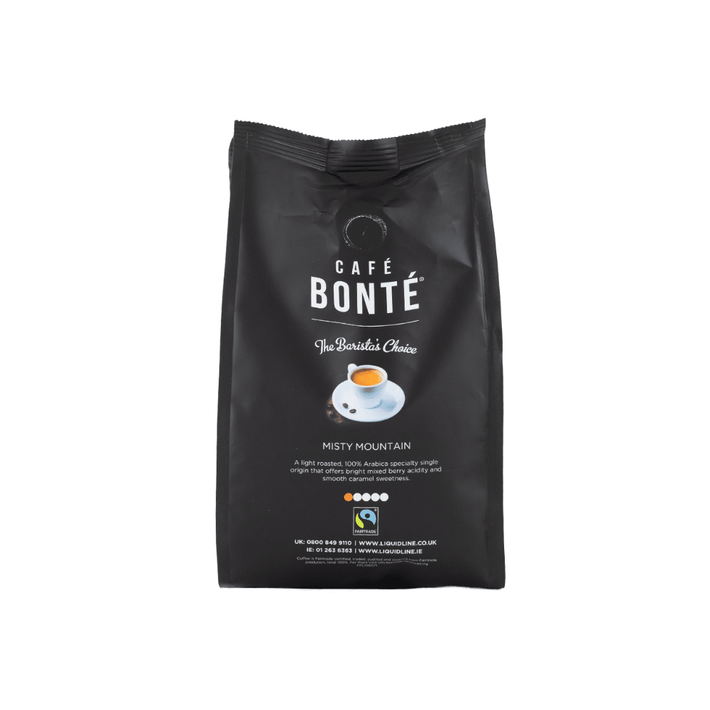 Front of Café Bonté Misty Mountain coffee bag featuring logo and espresso cup graphic