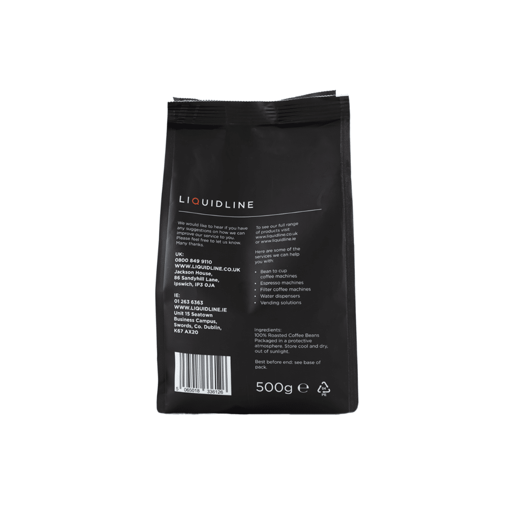 Back of Café Bonté coffee bag showing product information, barcode, and Liquidline contact details
