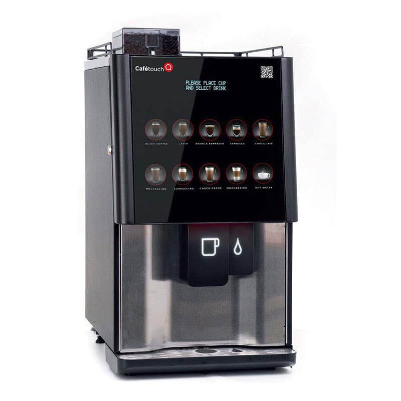 Front view of Cafetouch Q3 Coffee machine with a touchscreen displaying various drink options.