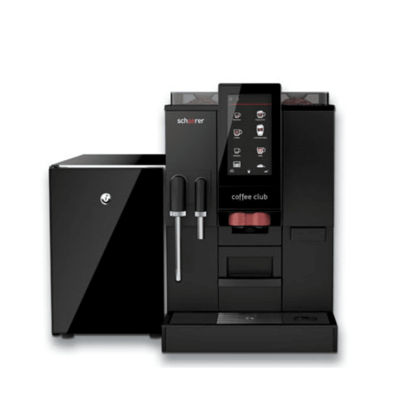 Sleek black coffee machine with a digital display showing drink options, accompanied by a matching milk cooler.