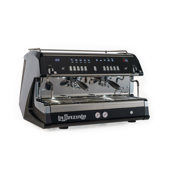La Spaziale S10 2-group traditional espresso machine in black with stainless steel finish – professional commercial coffee maker featuring dual group heads, pressure gauges, and programmable controls.
