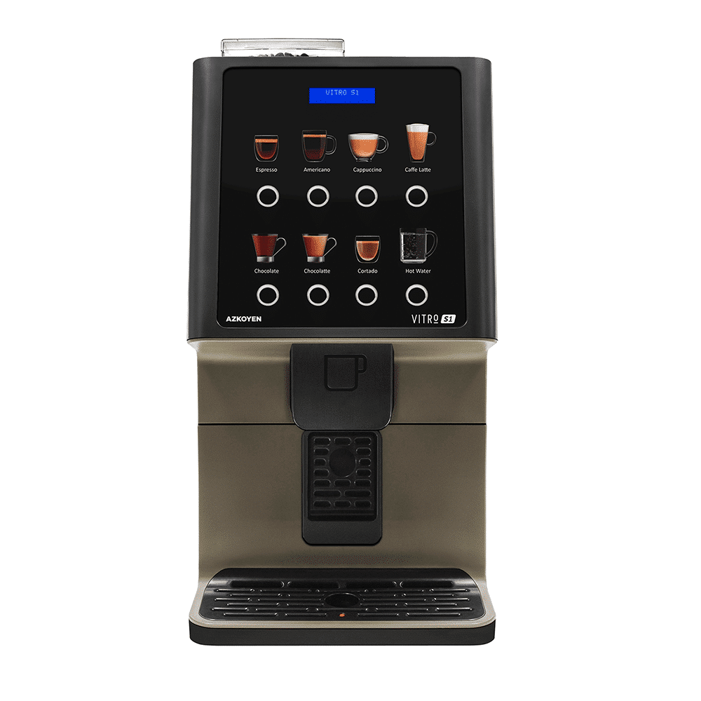 Front view of VITRO-S1 displaying options for espresso, Americano, cappuccino, and more on a touchscreen
