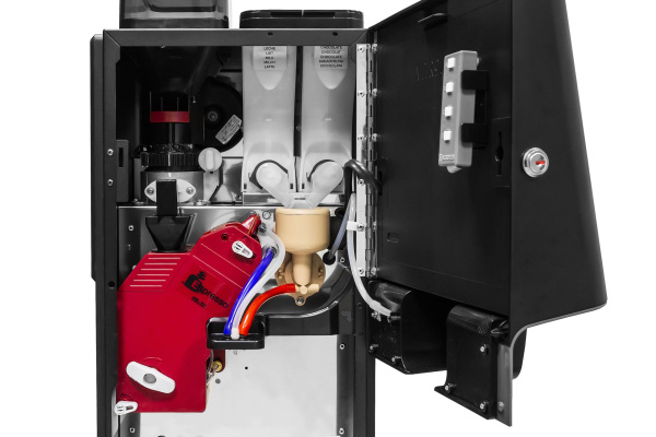 Open Azkoyen Coffetek Vitro machine showing internal components with a red coffee grinder, beige tubes, and wiring