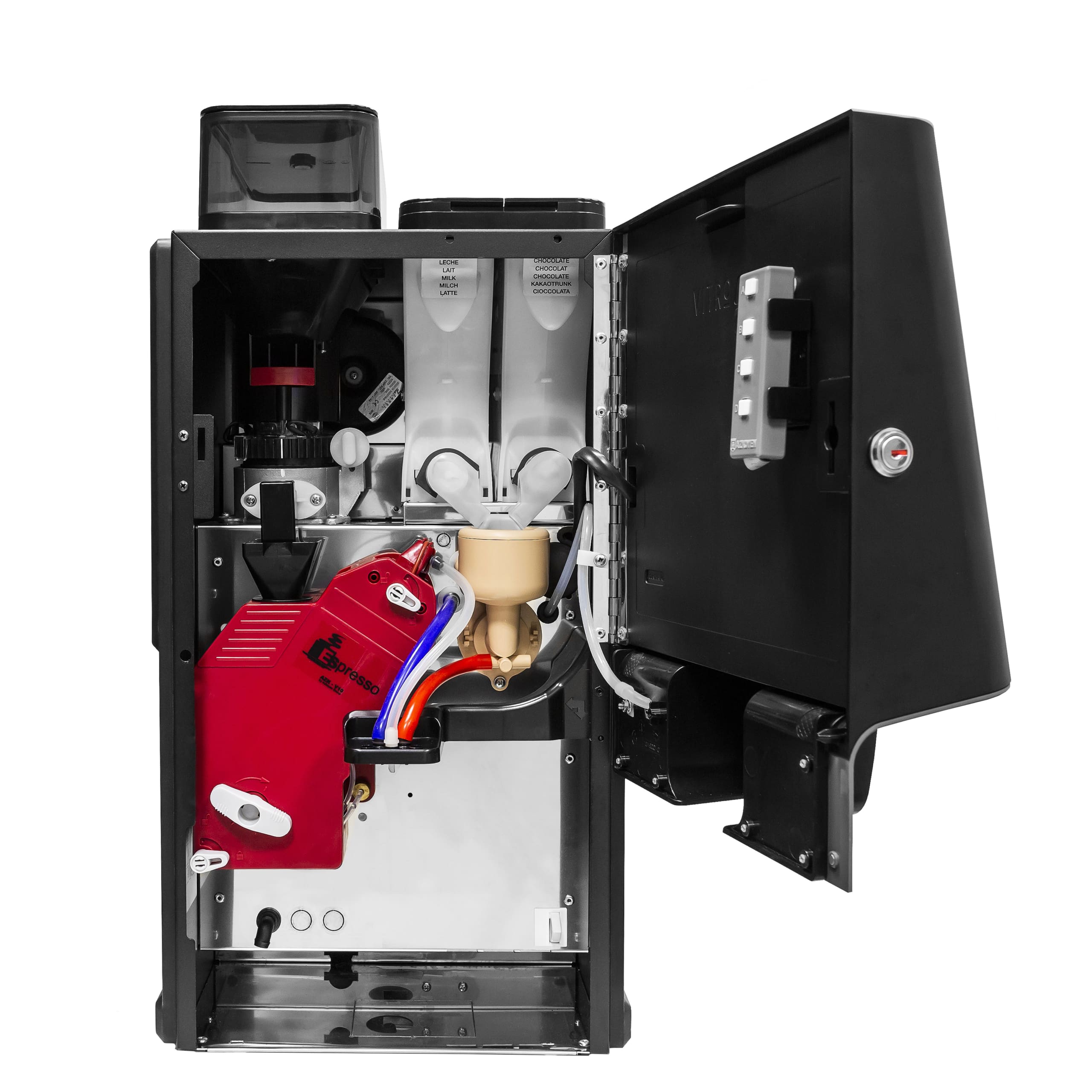 Open Azkoyen Coffetek Vitro machine showing internal components with a red coffee grinder, beige tubes, and wiring