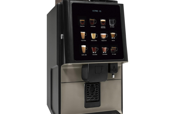 Front and side view of the Azkoyen coffeetek Vitro x1 displaying drink options
