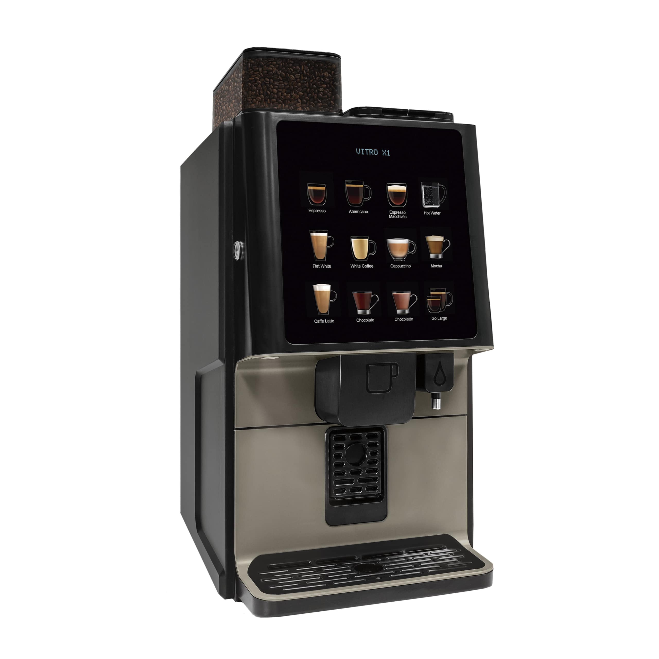 Front and side view of the Azkoyen coffeetek Vitro x1 displaying drink options