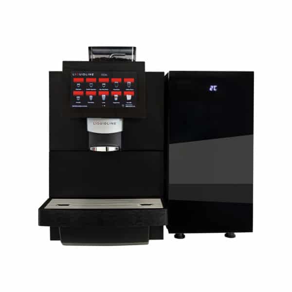 Front view of Liquidline K1 fresh milk bean‑to‑cup coffee machine with touchscreen menu and fridge unit.