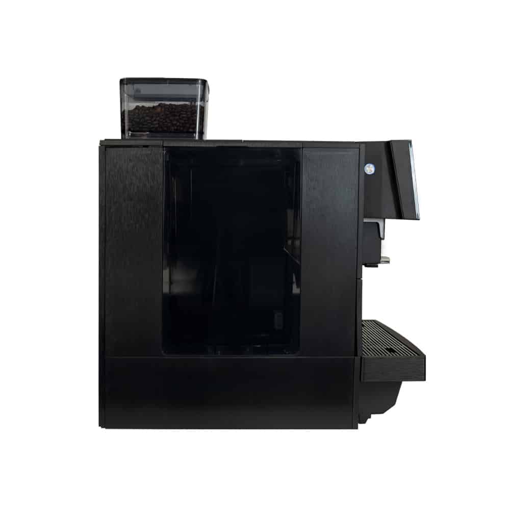Left‑side view of Liquildine K1 fresh milk commercial coffee machine with bean hopper attached