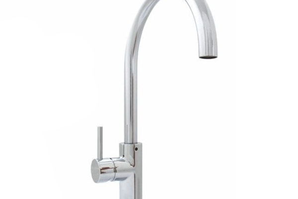 Chrome gooseneck mixer tap with a tall curved spout and side lever handle, shown on a white background.