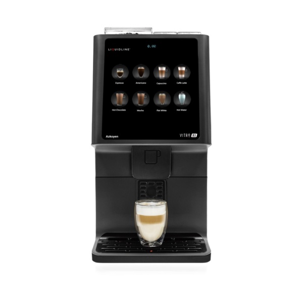 Black commercial coffee machine with a touchscreen drink menu, dispensing a layered latte into a glass on the drip tray, shown on a white background.