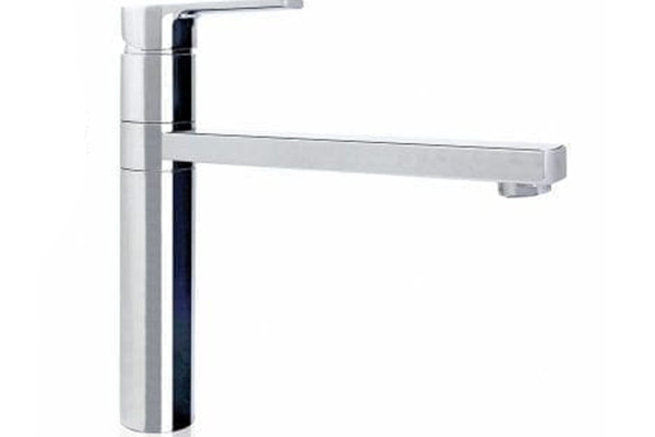 Chrome paddle mixer tap with a cylindrical body, flat lever handle, and straight horizontal spout on a white background.