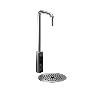 Borg & Overström T1 drinking water tap in steel over circular steel drip tray