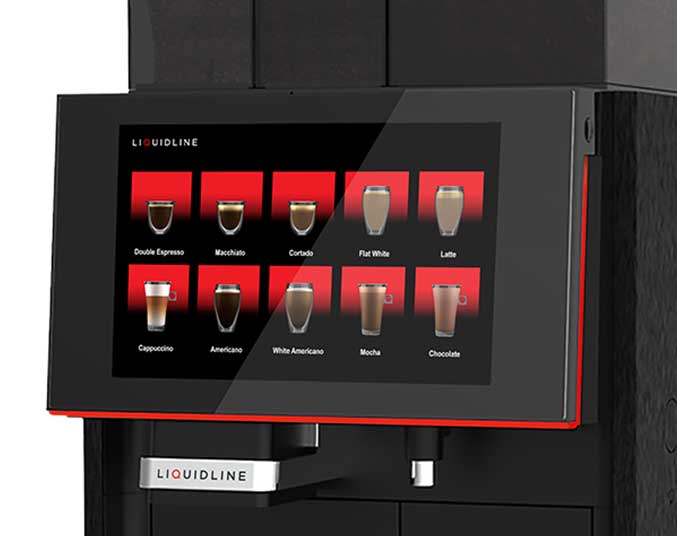 K2 red and black touchscreen showcasing the different drinks on offer