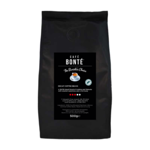 Decaf Cafe Bonte bag of beans which are in a black bag