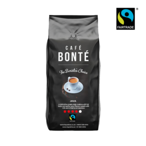 Fairtrade coffee beans in a black bag with the cafe bonte logo