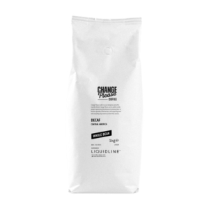 decaf change please beans in a white bag